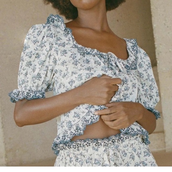 DOEN Songbird Toile Lazuli Top XS Blue White Floral Puff Sleeve Babydoll Eyelet - Picture 6 of 11